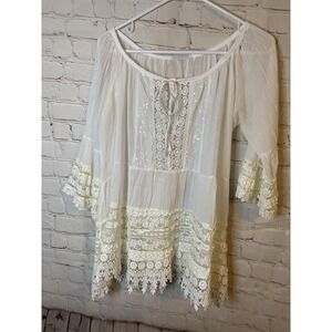 Vintage Chic Flowy Lace Embroidered White Blouse Top Tunic Large